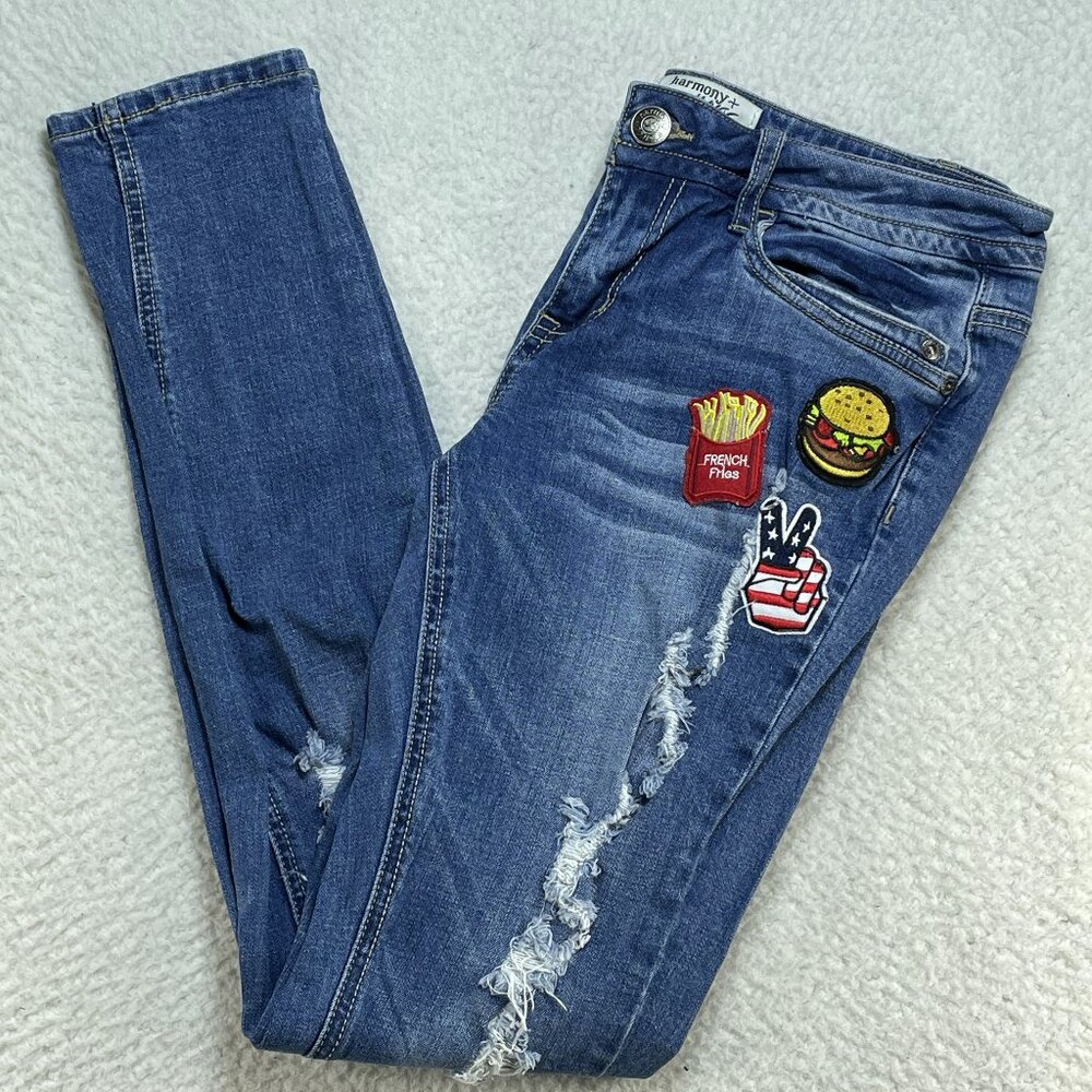 Harmony + Havoc Jeans Womens 9 Blue Ankle Low Rise Distressed With Patches 30x29